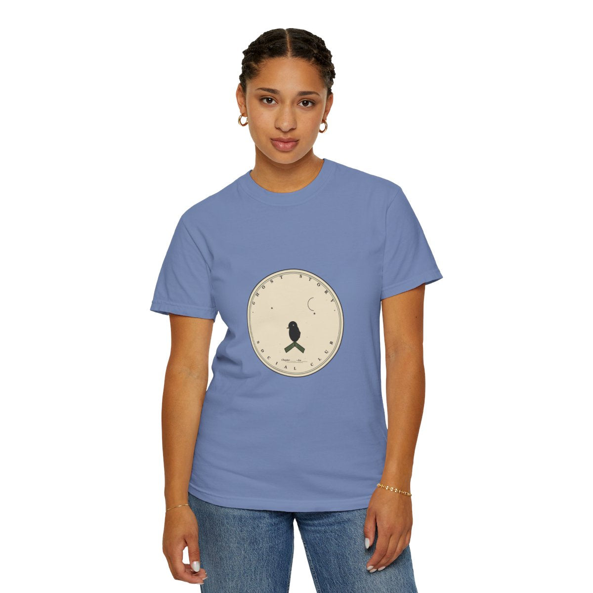 Ghost Story Social Club T-Shirt | 1930s Mascot Badge Ghost Story Tee | Gift for Halloween Shoppers - Washed Denim