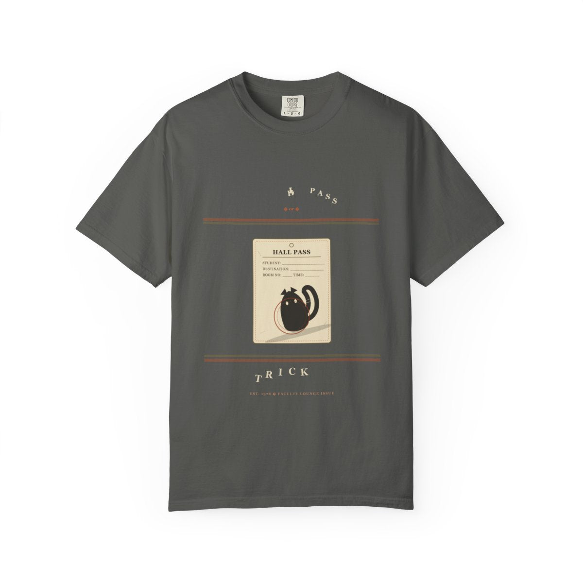 Hall Pass Or Trick Tee flat front in Pepper
