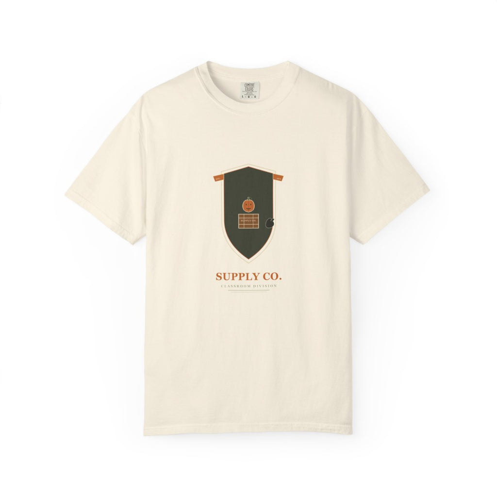 Halloween Supply Co. T-Shirt | Rec League Crest Halloween Teacher Tee | Gift for Teachers flat front in Ivory