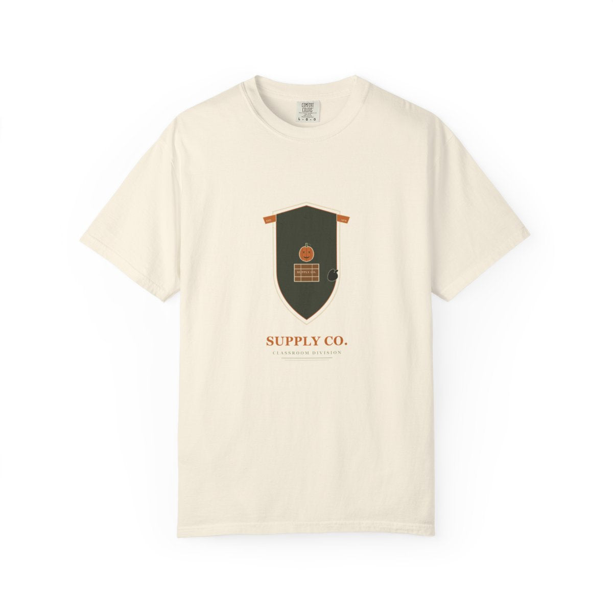 Halloween Supply Co. T-Shirt | Rec League Crest Halloween Teacher Tee | Gift for Teachers flat front in Ivory