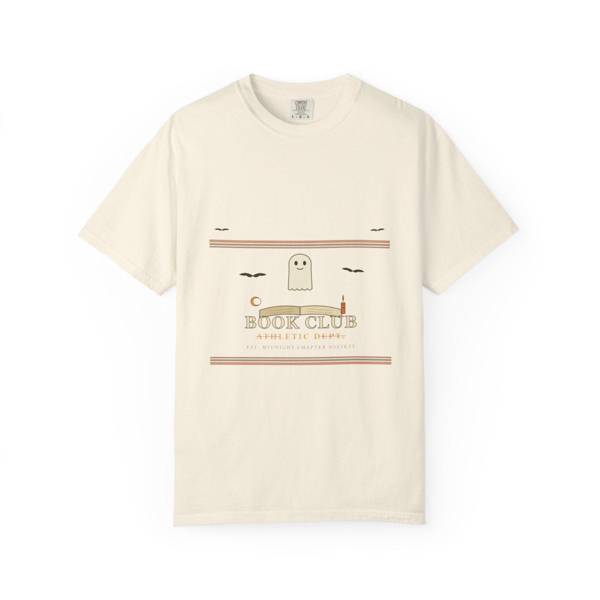Haunted Book Club Athletic Dept. T-Shirt | 1970s Souvenir Tee Haunted Book Club Tee | Gift for Book Club Readers flat front in Ivory