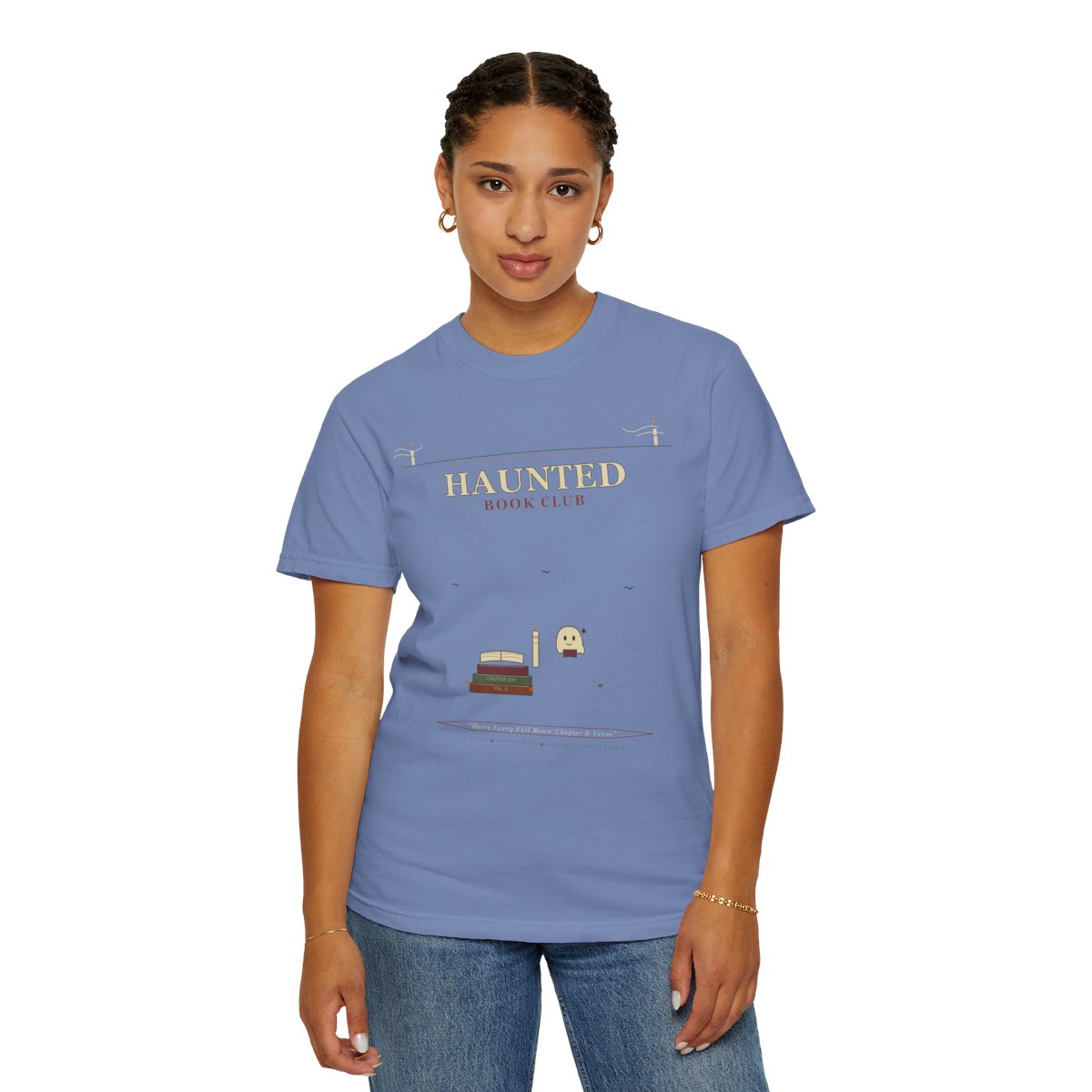 Haunted Book Club Society T-Shirt | Vintage Object Label Haunted Book Club Tee | Gift for Book Club Readers - Washed Denim