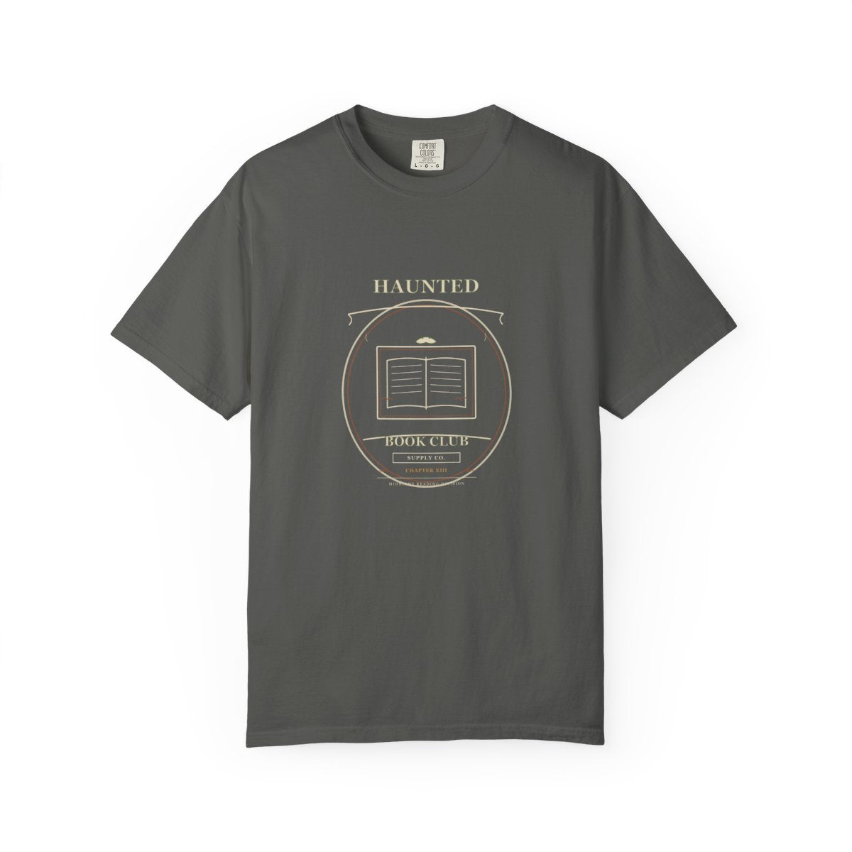 Haunted Book Club Supply Co. T-Shirt | Rec League Crest Haunted Book Club Tee | Gift for Book Club Readers flat front in Pepper