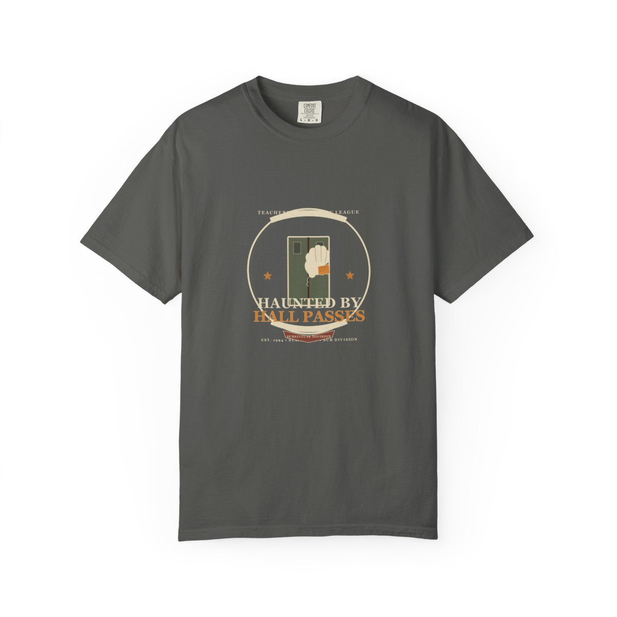 Haunted By Hall Passes Tee flat front in Pepper