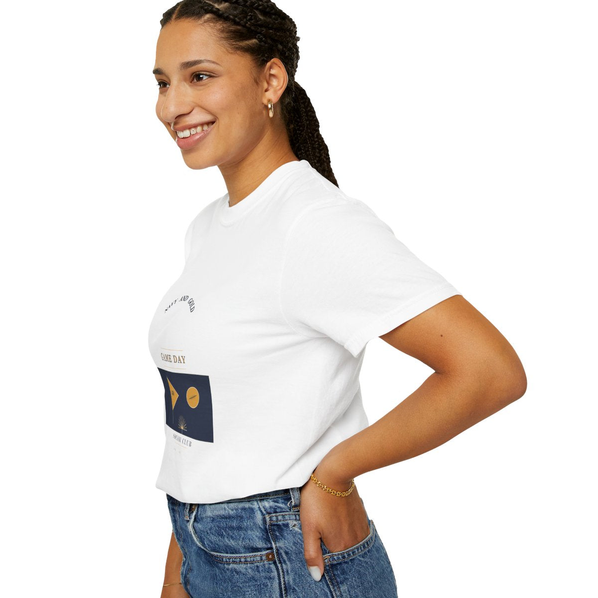 Navy Gold Game Day Social Club T-Shirt | 1930s Mascot Badge Navy Gold Game Day Tee | Gift for College Football Fans - White