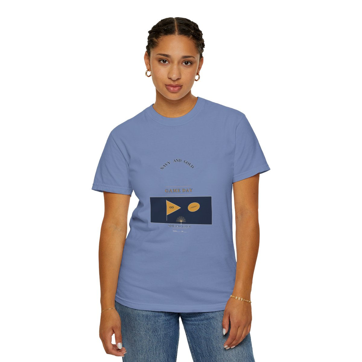 Navy Gold Game Day Social Club T-Shirt | 1930s Mascot Badge Navy Gold Game Day Tee | Gift for College Football Fans - Washed Denim