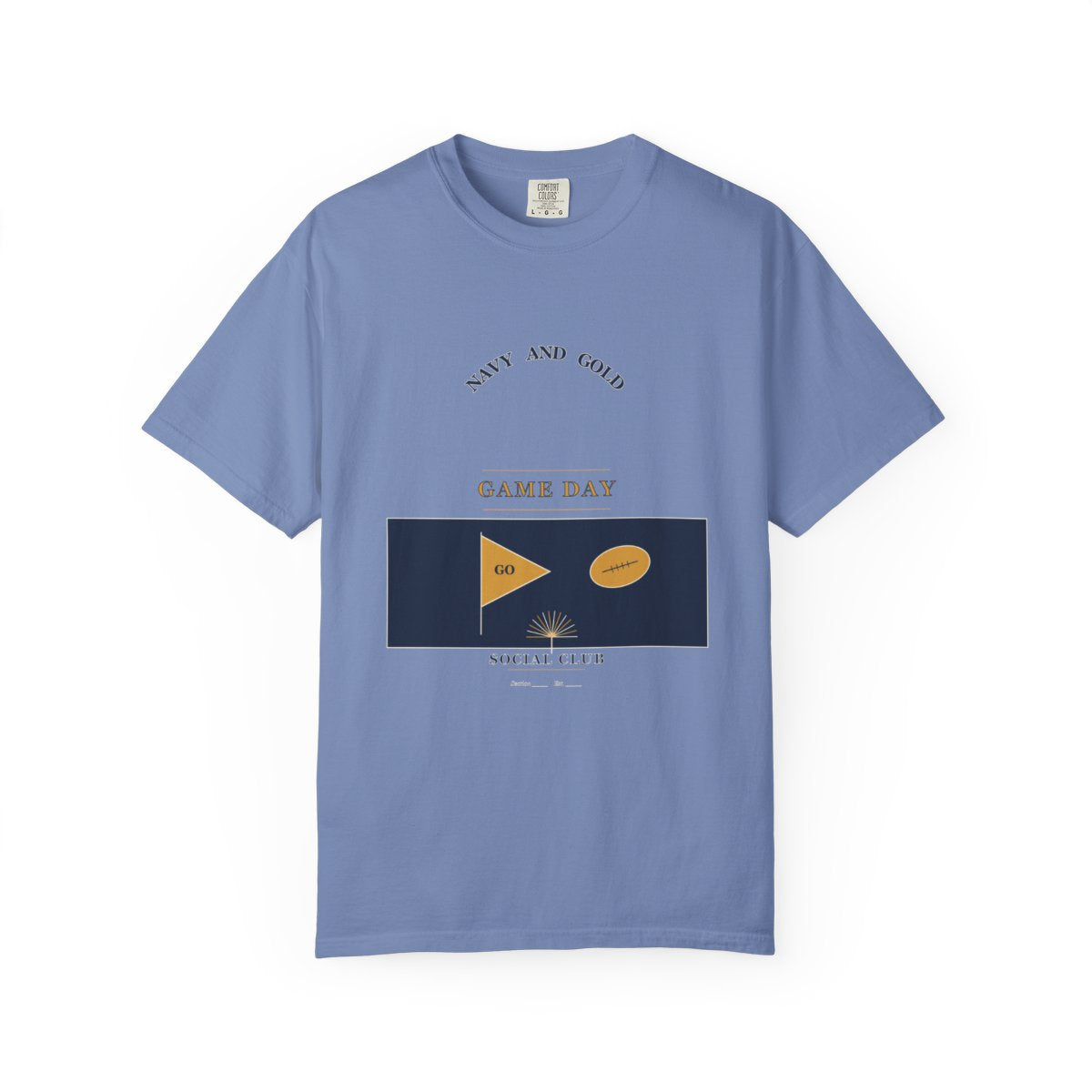 Navy Gold Game Day Social Club T-Shirt | 1930s Mascot Badge Navy Gold Game Day Tee | Gift for College Football Fans flat front in Washed Denim