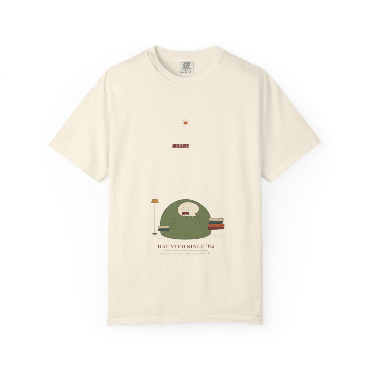 Reading Corner, Haunted Since '82 Tee flat front in Ivory