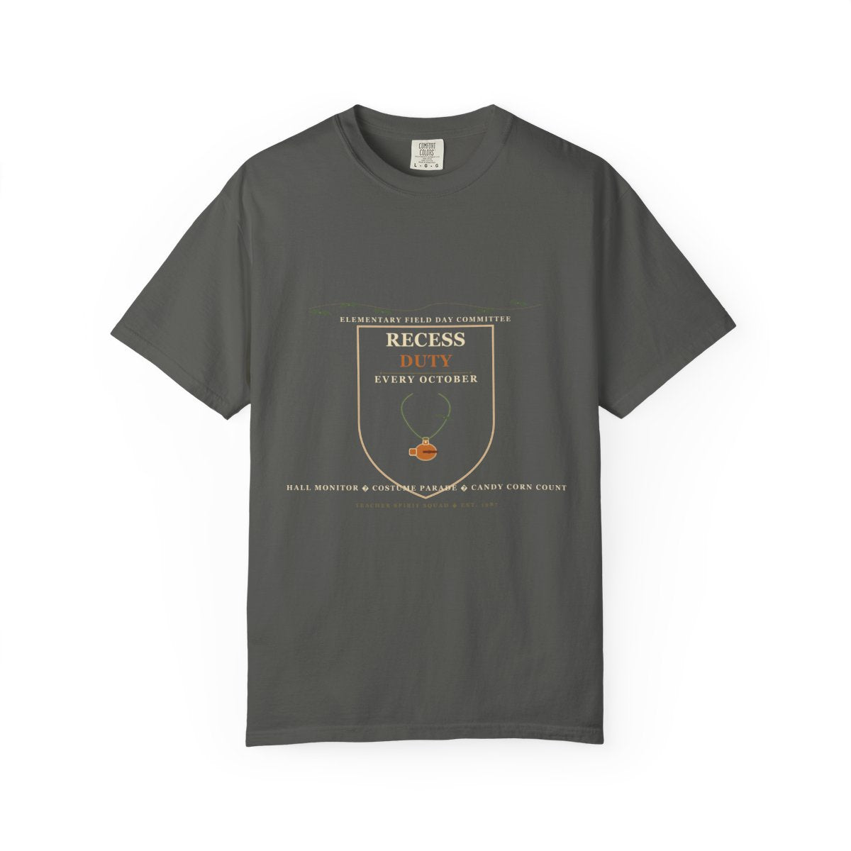 Recess Duty, Every October Tee flat front in Pepper