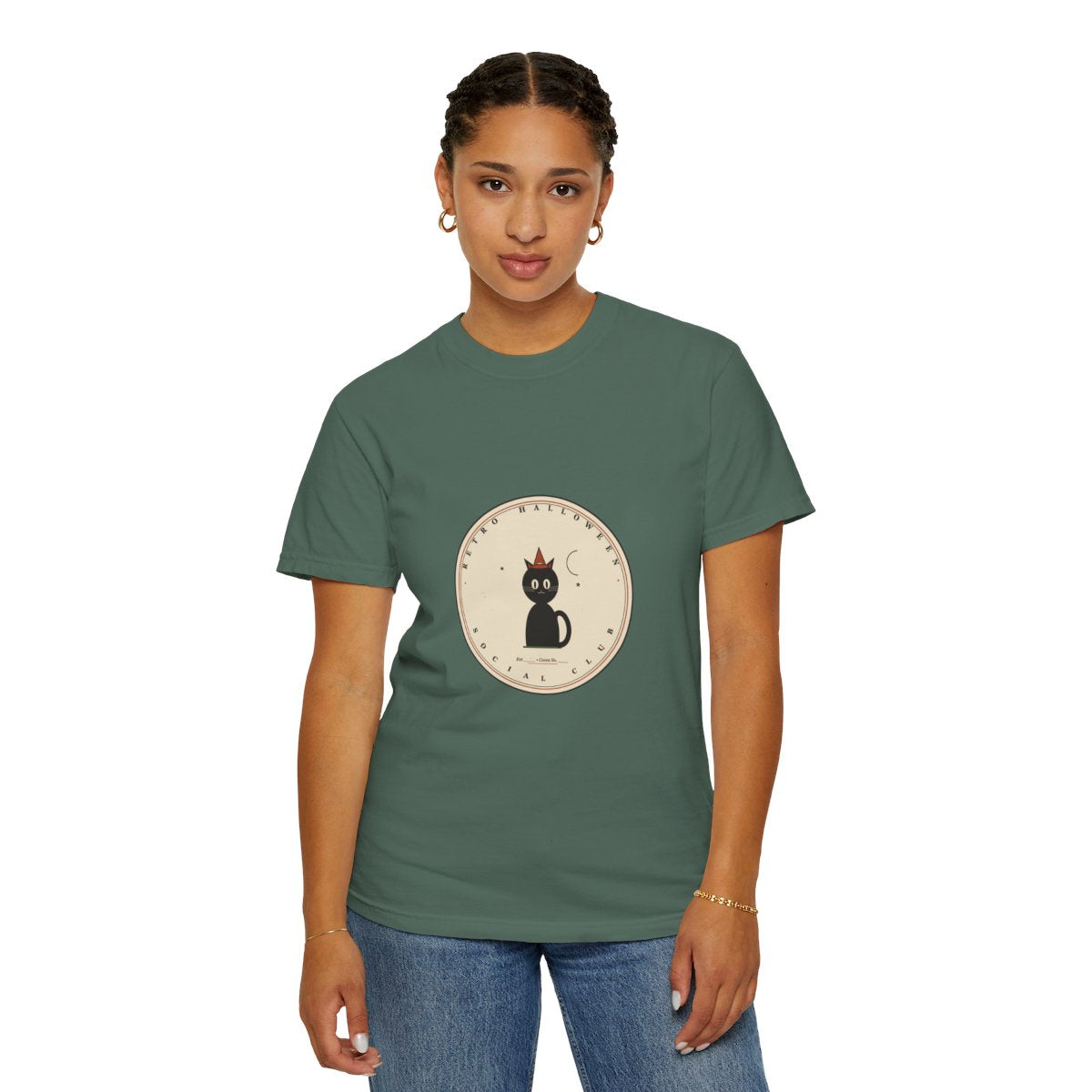 Retro Social Club T-Shirt | 1930s Mascot Badge Retro Halloween Tee | Gift for Halloween Shoppers - Blue Spruce