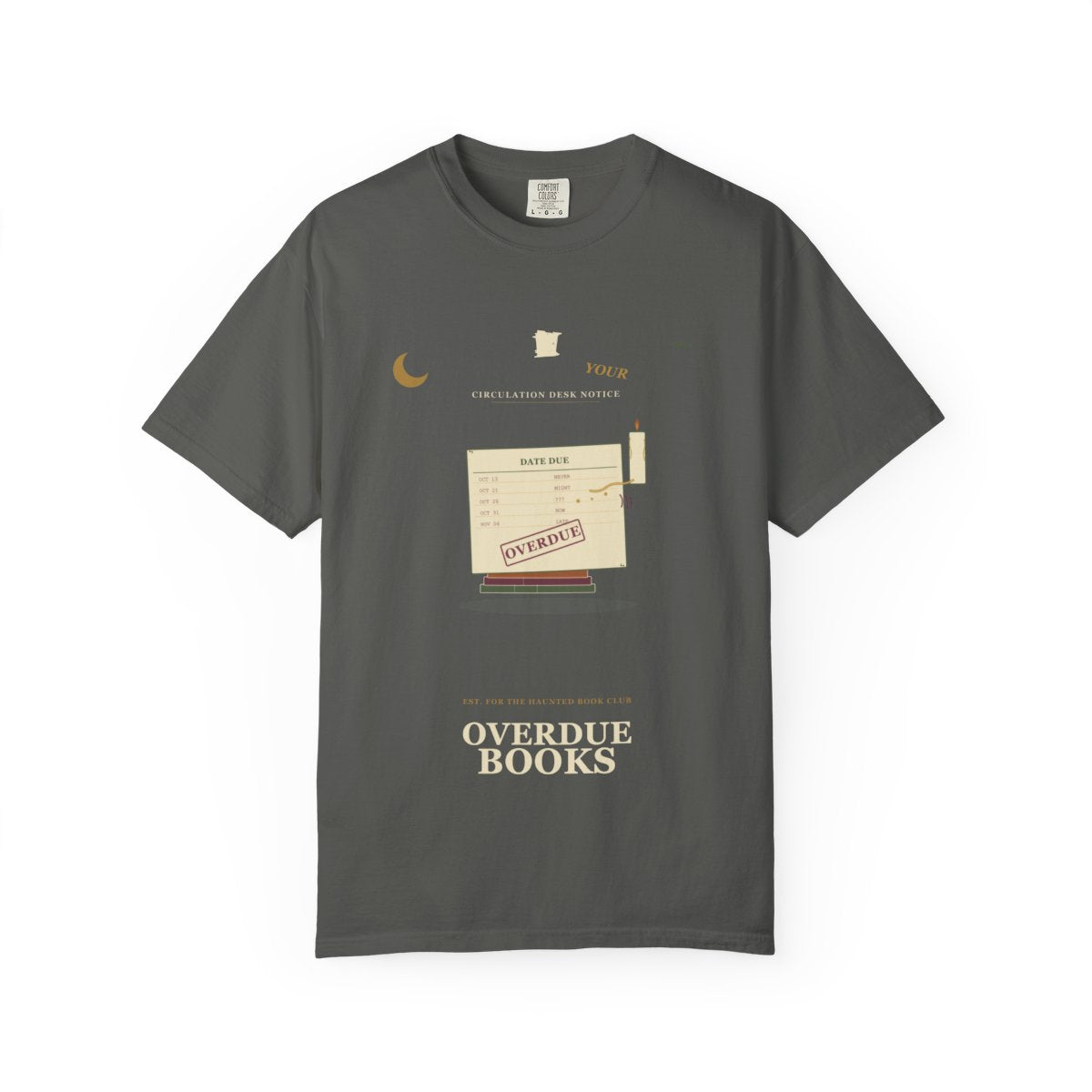 Return Your Overdue Books Tee flat front in Pepper