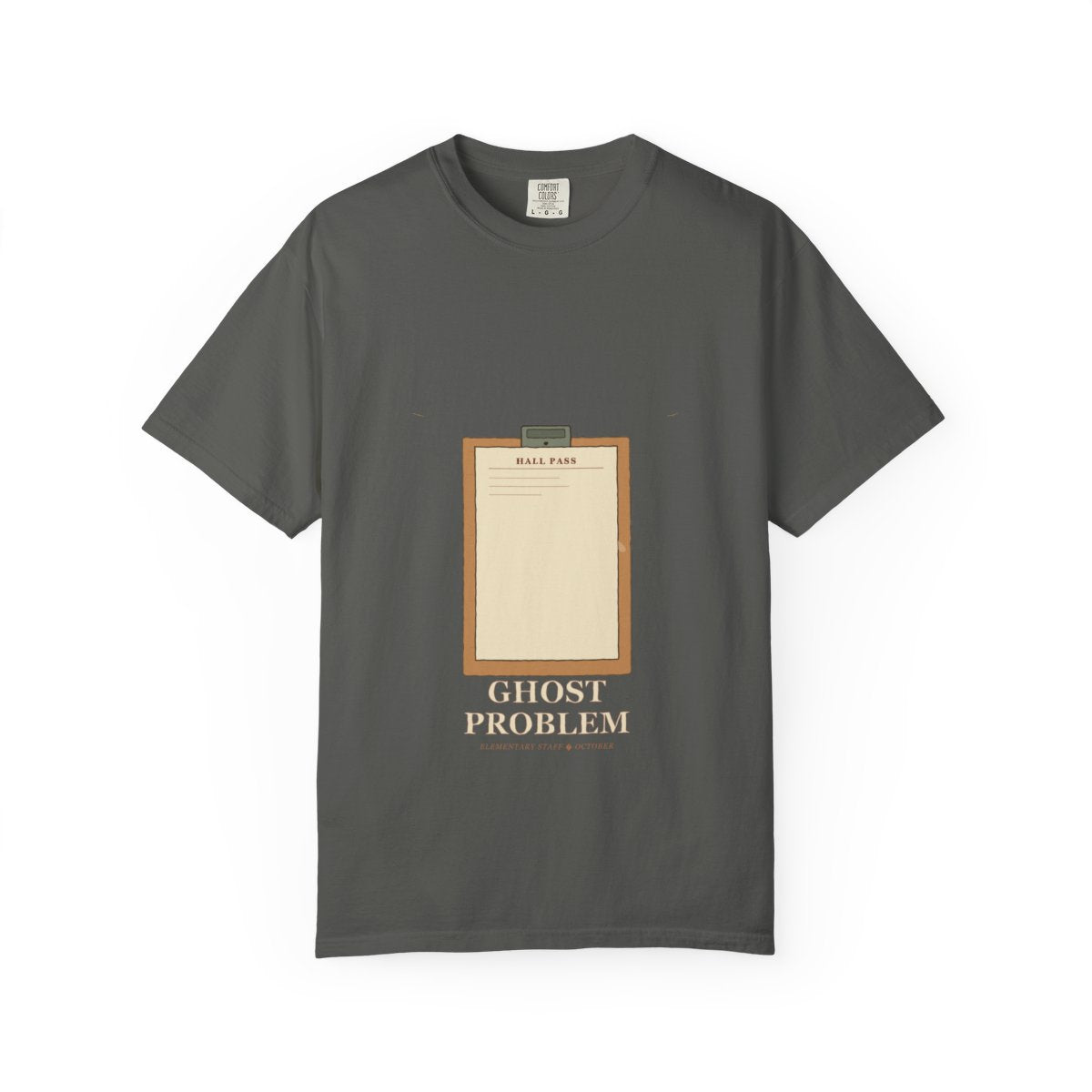 Room 12 Has A Ghost Problem Tee flat front in Pepper