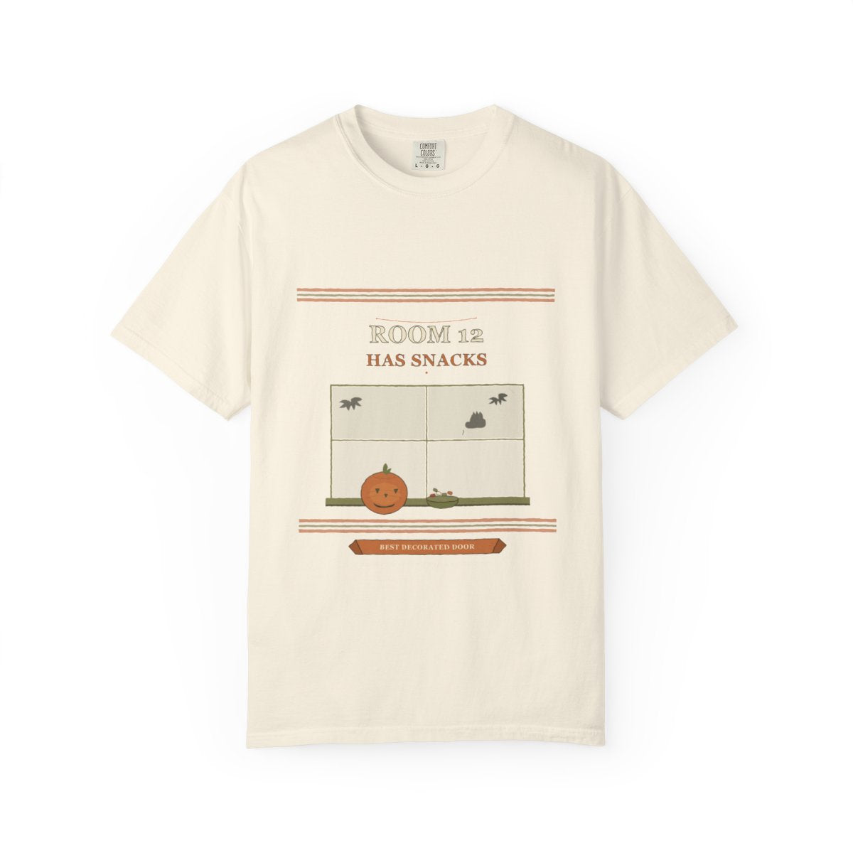 Room 12 Has Snacks Tee flat front in Ivory