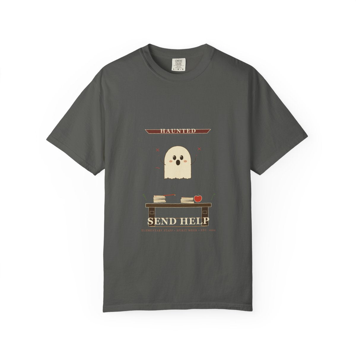 Room 12 Haunted, Send Help Tee flat front in Pepper