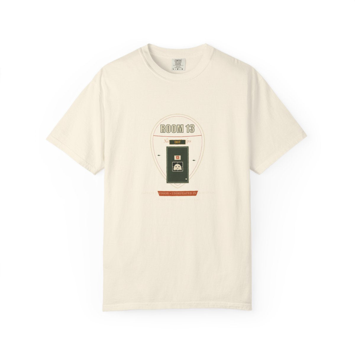 Room 13 Never Sleeps Tee flat front in Ivory