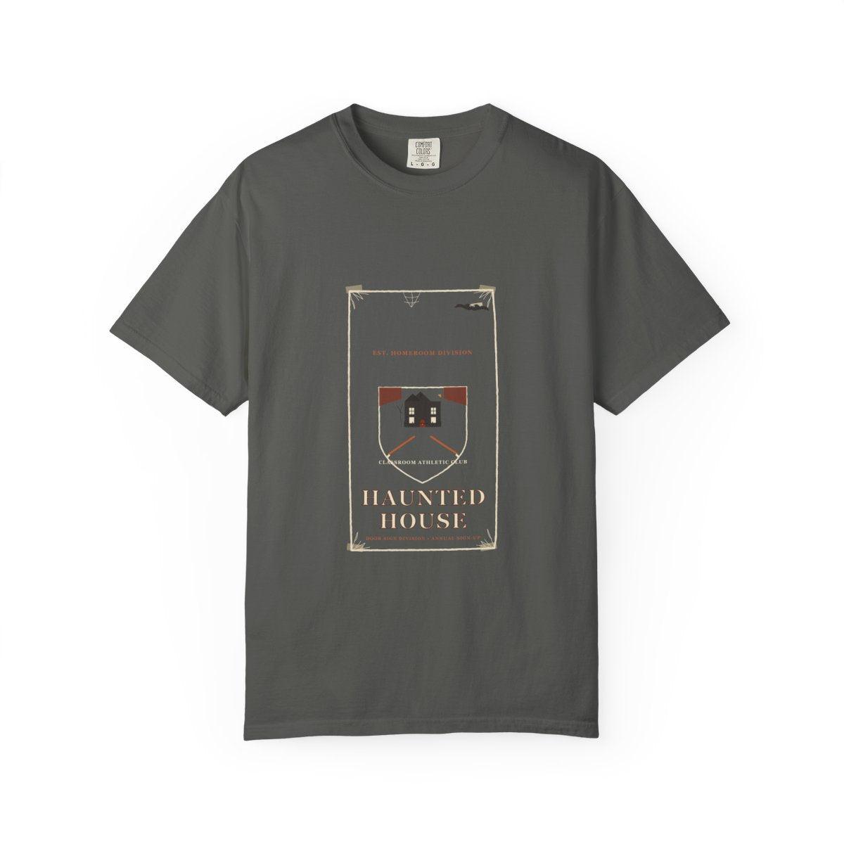 Room 14 Haunted House Tee flat front in Pepper