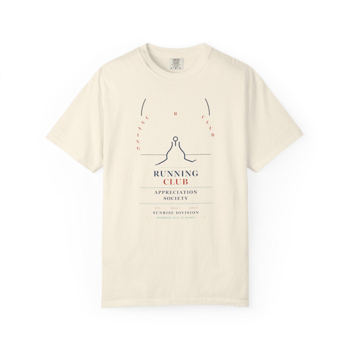 Running Club Appreciation Society T-Shirt | College Bookstore Running Club Tee | Gift for Run Club Members flat front in Ivory
