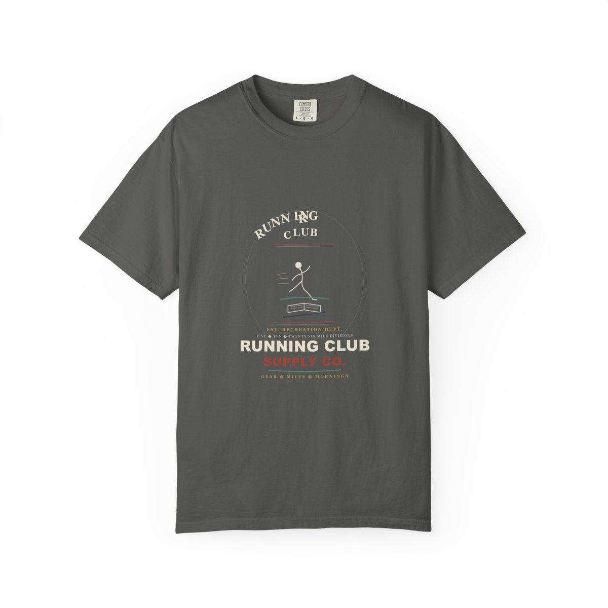 Running Club Supply Co. T-Shirt | Rec League Crest Running Club Tee | Gift for Run Club Members flat front in Pepper