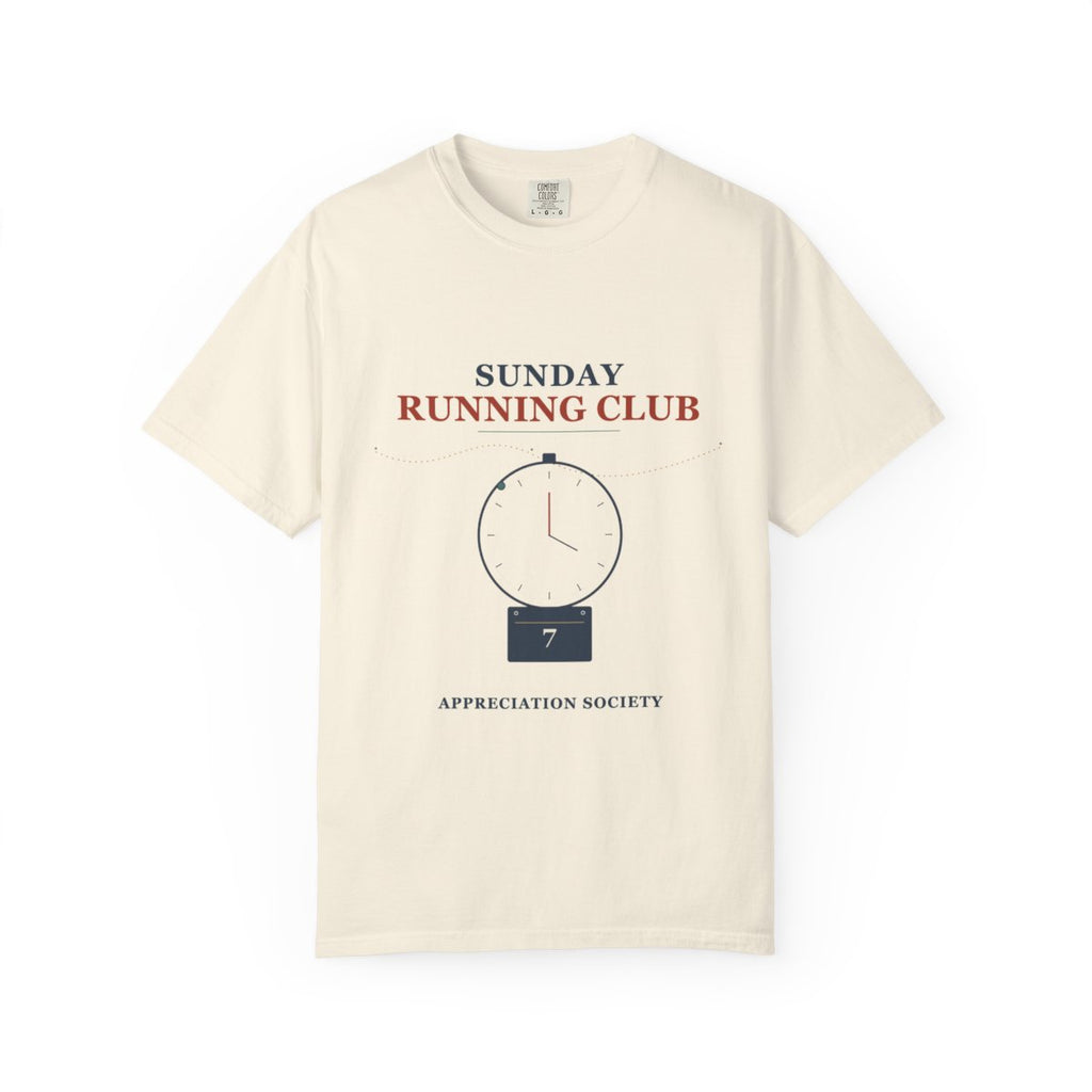 Sunday Running Club Appreciation Society T-Shirt | College Bookstore Sunday Running Club Tee | Gift for Run Club Members flat front in Ivory