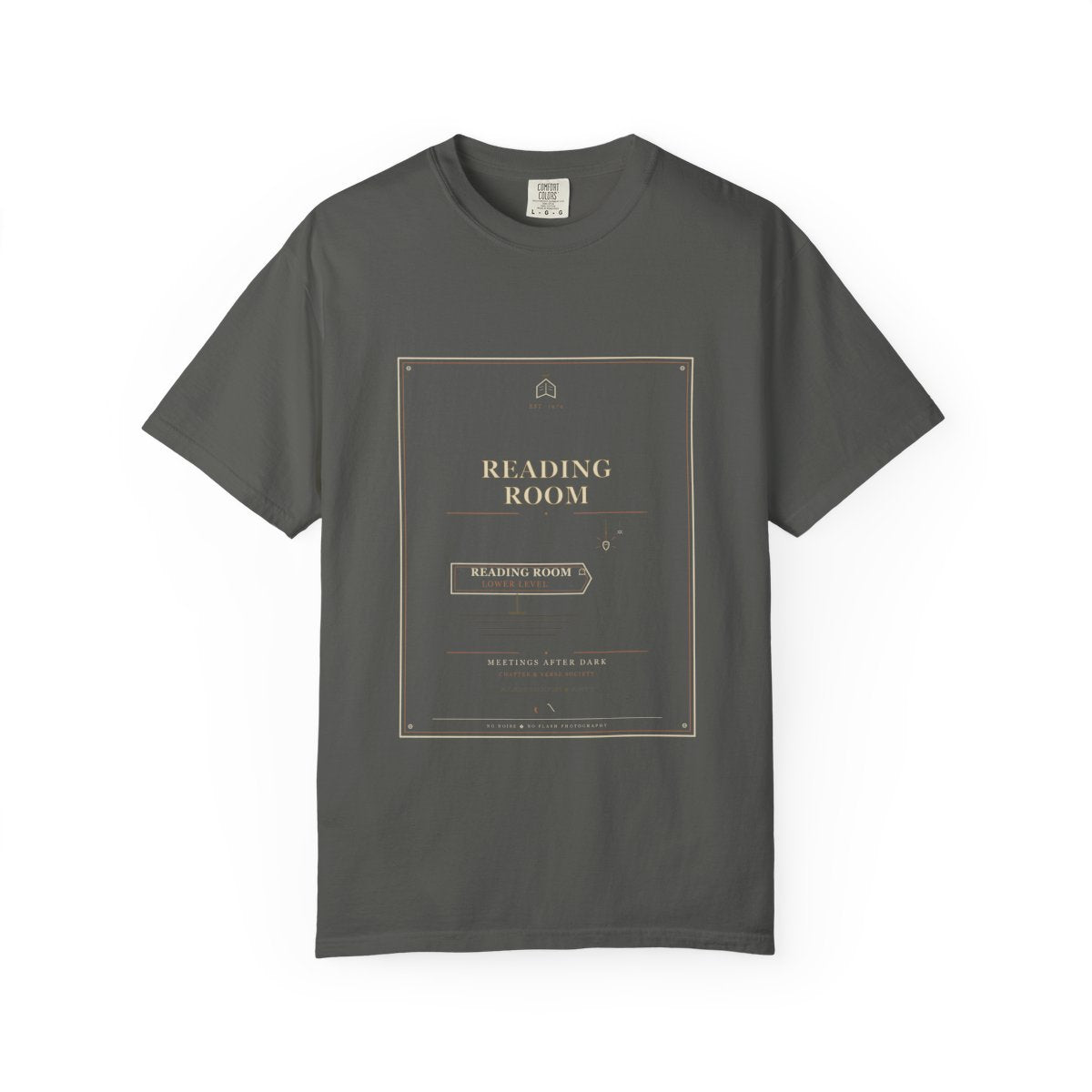 The Basement Reading Room Tee flat front in Pepper