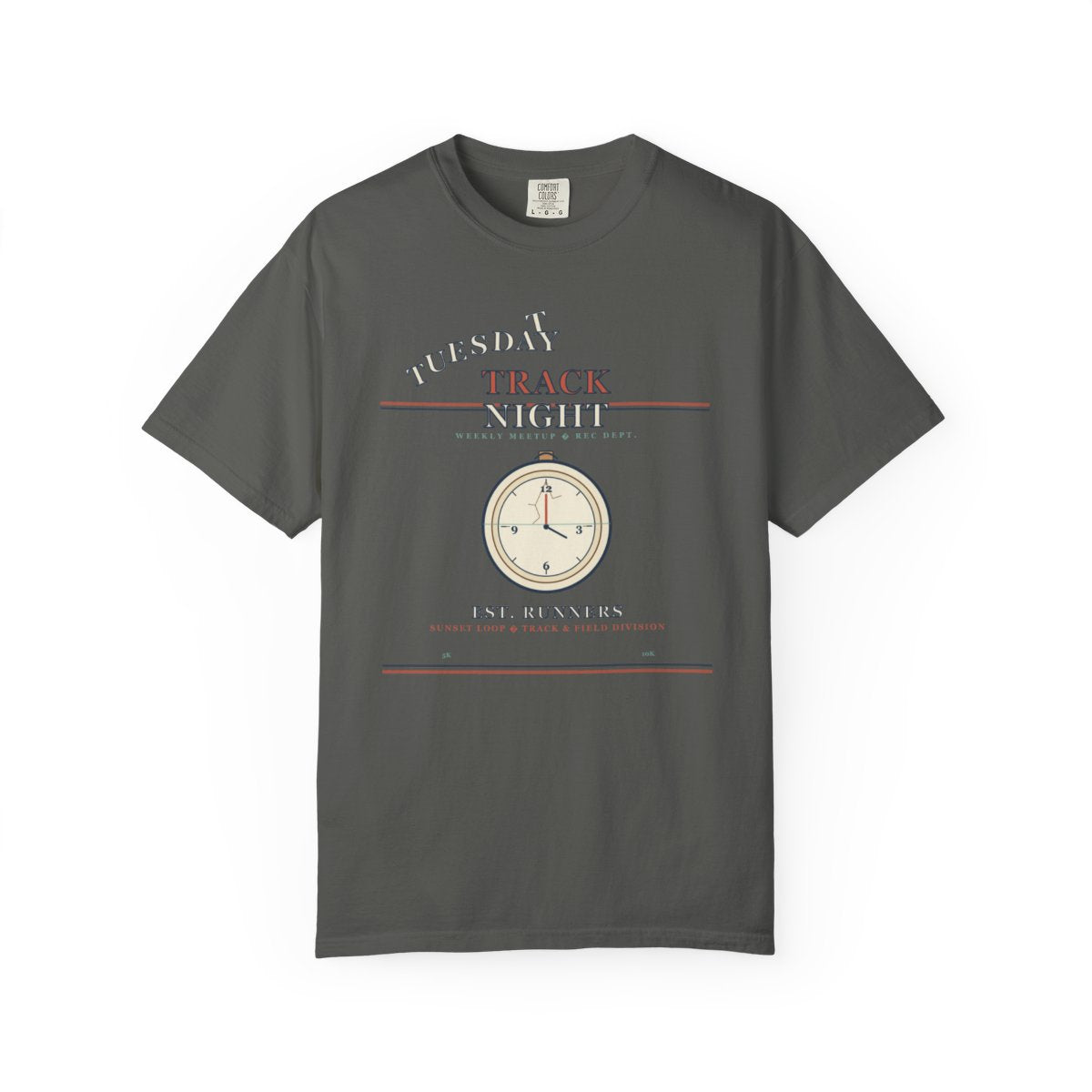 Tuesday Track Night Tee flat front in Pepper