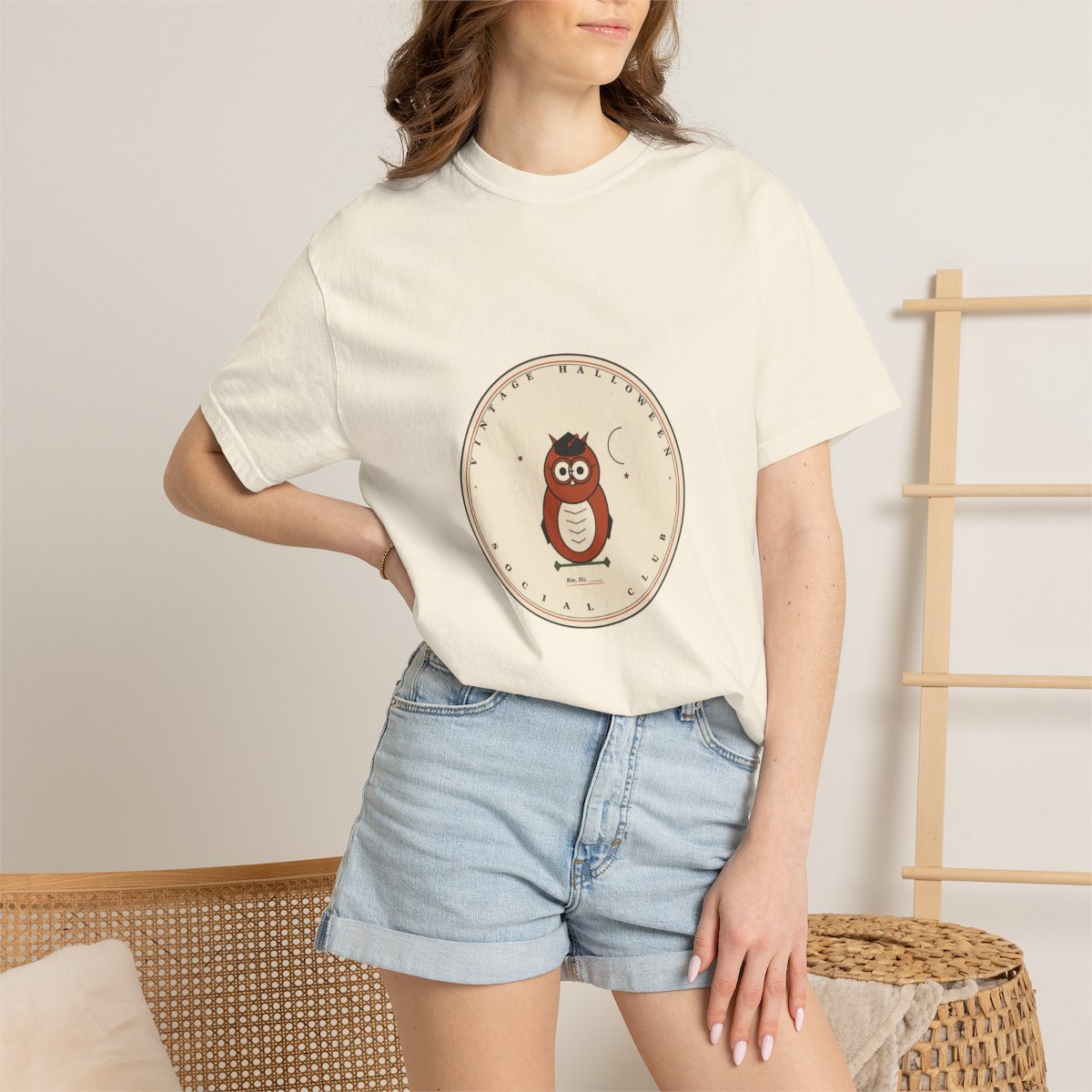 Vintage Halloween Social Club T-Shirt | 1930s Mascot Badge Vintage Halloween Teacher Tee | Gift for Teachers - Ivory