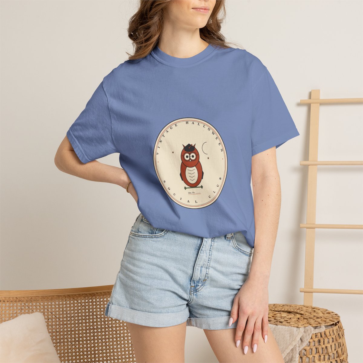 Vintage Halloween Social Club T-Shirt | 1930s Mascot Badge Vintage Halloween Teacher Tee | Gift for Teachers - Washed Denim