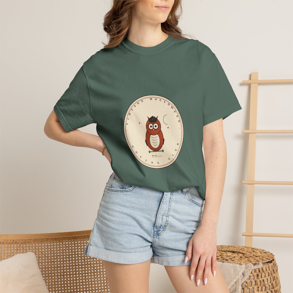 Vintage Halloween Social Club T-Shirt | 1930s Mascot Badge Vintage Halloween Teacher Tee | Gift for Teachers - Blue Spruce