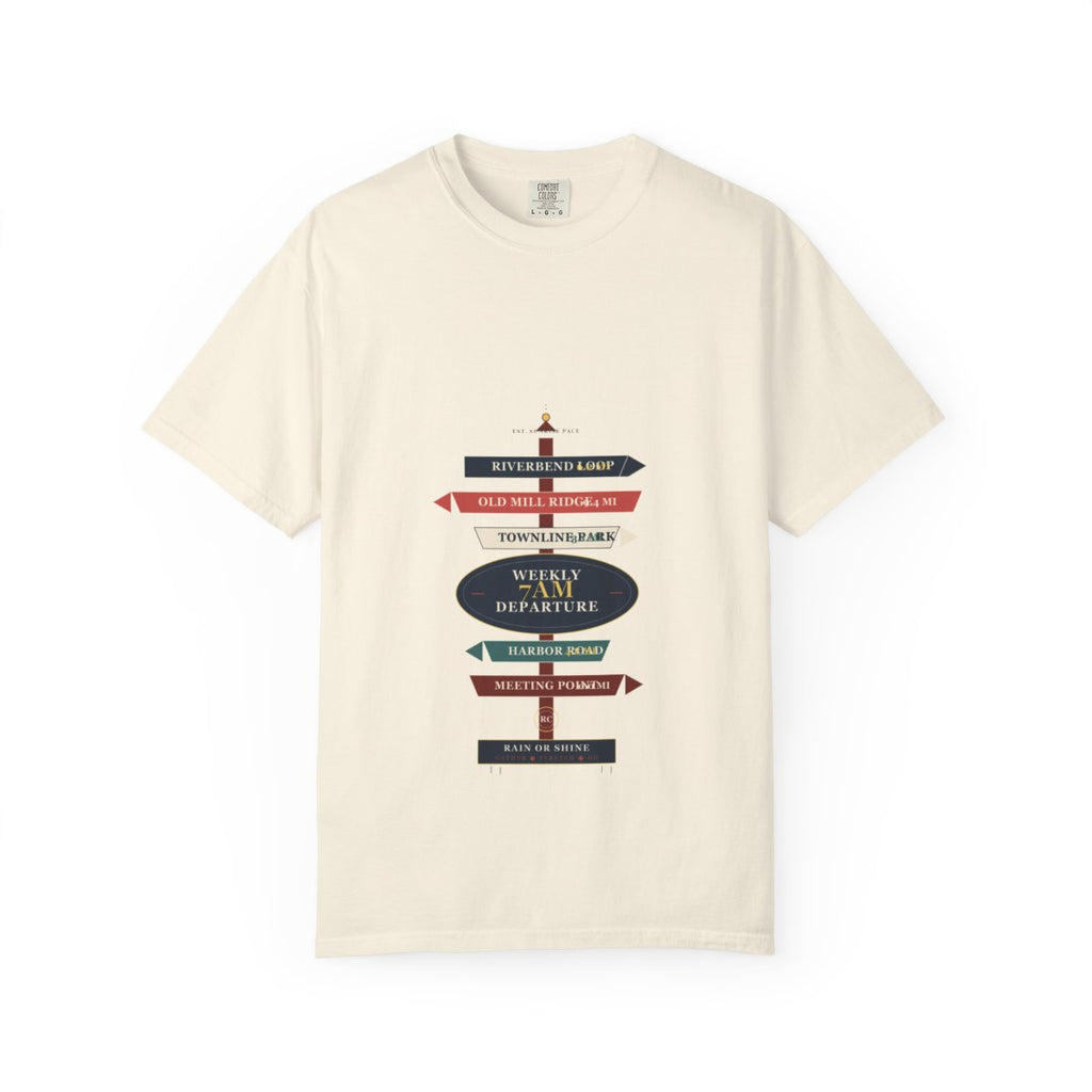 Weekly 7AM Departure Tee flat front in Ivory