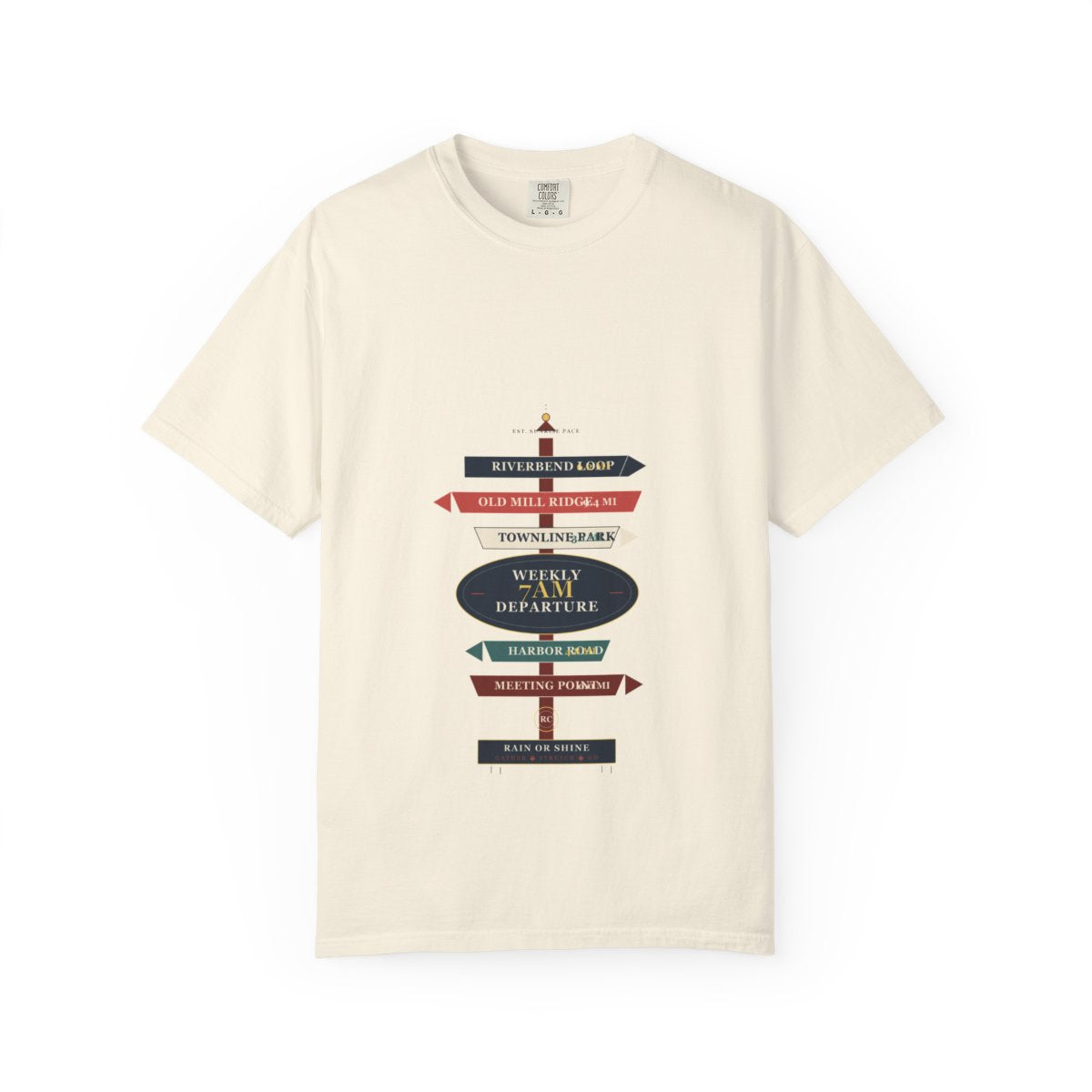 Weekly 7AM Departure Tee flat front in Ivory